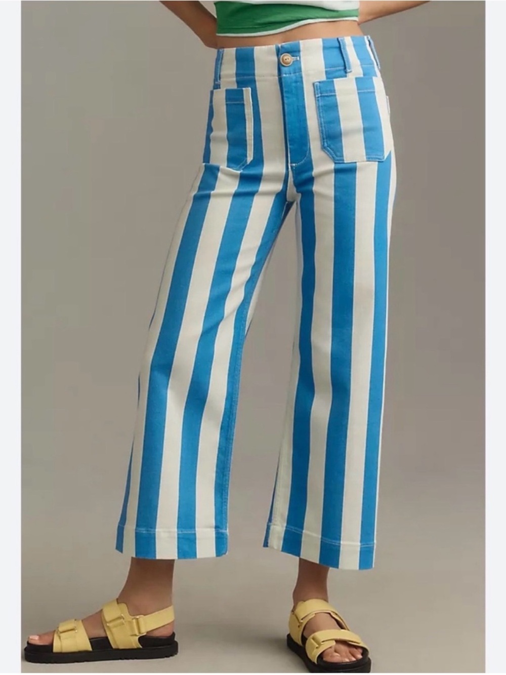 Anthropologie Maeve Colette
Denim Blue and White Stripe Wide-Leg Crop Pants 25p